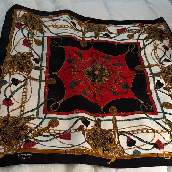 Hermès Silk Scarf with Red, Gold, and Black Design .  Hand rolled edges- - Picture 3 of 6